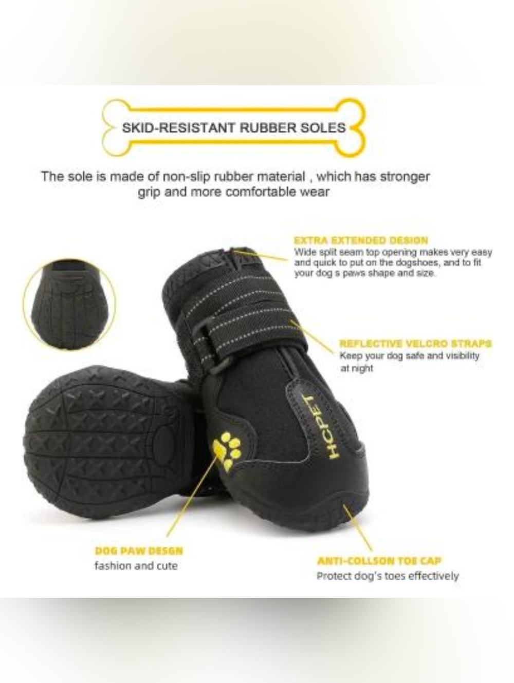 HCPet Black & Yellow Waterproof Dog Boots with Reflective Velcro Straps - Size 6